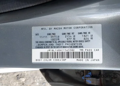 2012 Mazda Mazda3 I Touring z USA, uszkodzony, nr VIN JM1BL1V8XC1563382